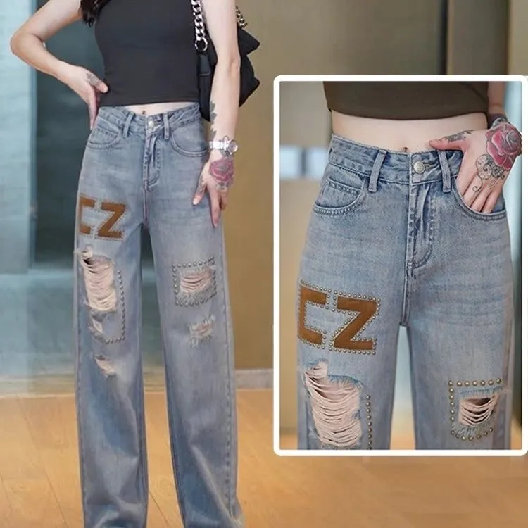 高腰阔腿破洞牛仔裤女春夏新款宽松显瘦复古水洗设计感拖地长裤子