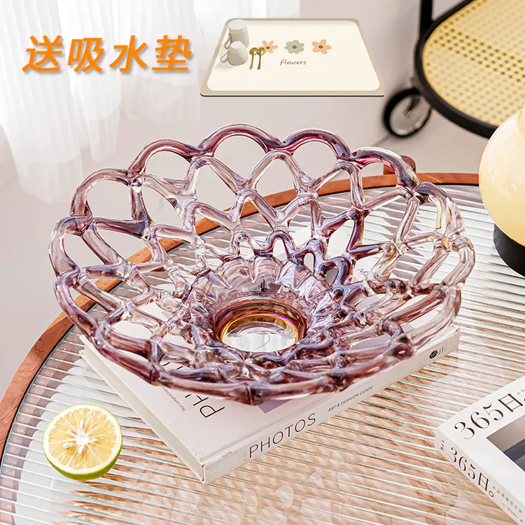 彩色手工琉璃大水果盘摆件 家居客厅装饰品现代轻奢果盘