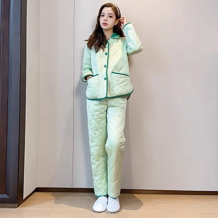 新款三层夹棉睡衣女冬加绒加厚套装翻领小香风气质外穿家居服