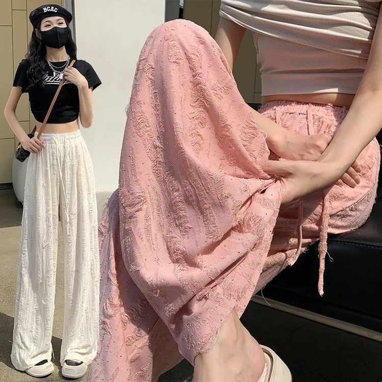 时尚破洞烫钻窄版阔腿裤女夏季薄款直筒裤垂感拖地裤休闲裤小个子