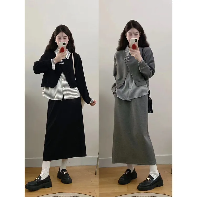 新款大码时尚设计感秋冬宽松假两件卫衣半身裙两件套套装