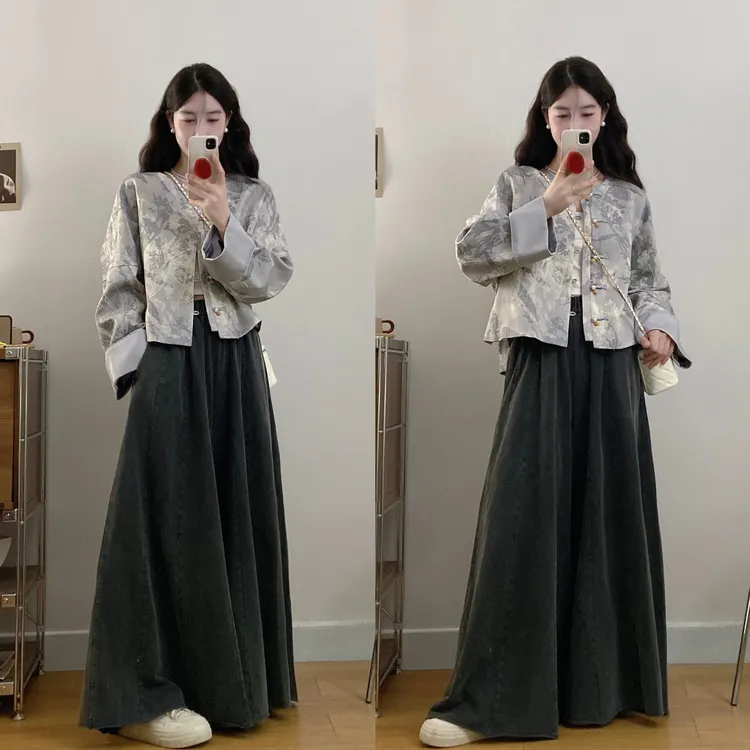 大码新中式国风暗纹上衣高定提花复古盘扣外套+高腰阔腿裤两件套