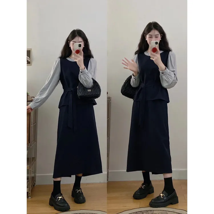 大码女装设计感撞色时尚气质韩版通勤假两件上衣半身裙两件套