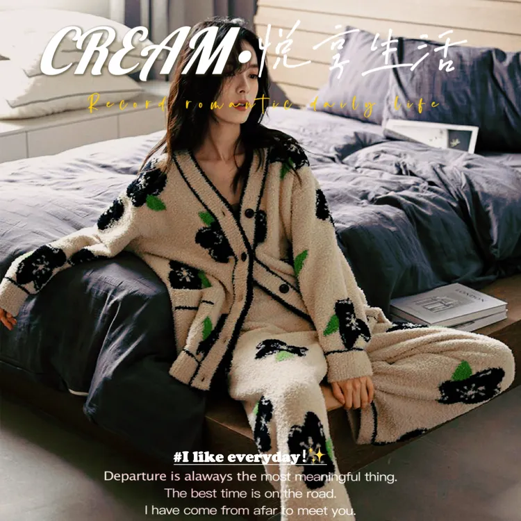 猫人经典半边绒冬季睡衣女可外穿保暖加厚加绒珊瑚绒秋冬款家居服