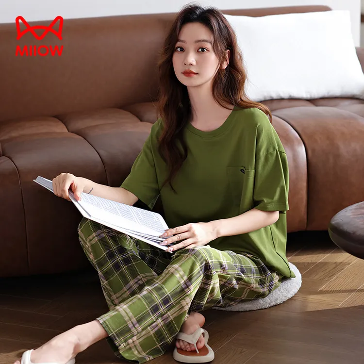 猫人经典夏季欧若风薄荷曼波睡衣女士套头短袖长裤简约休闲家居服