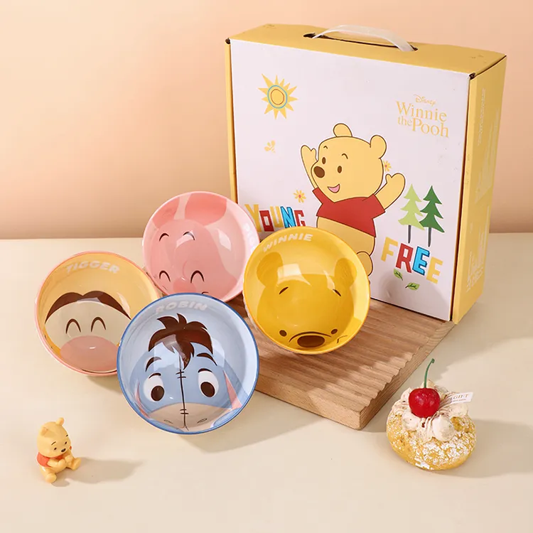 迪士尼陶瓷条纹米饭碗礼盒装维尼跳跳虎釉下彩米奇米妮米饭碗4只