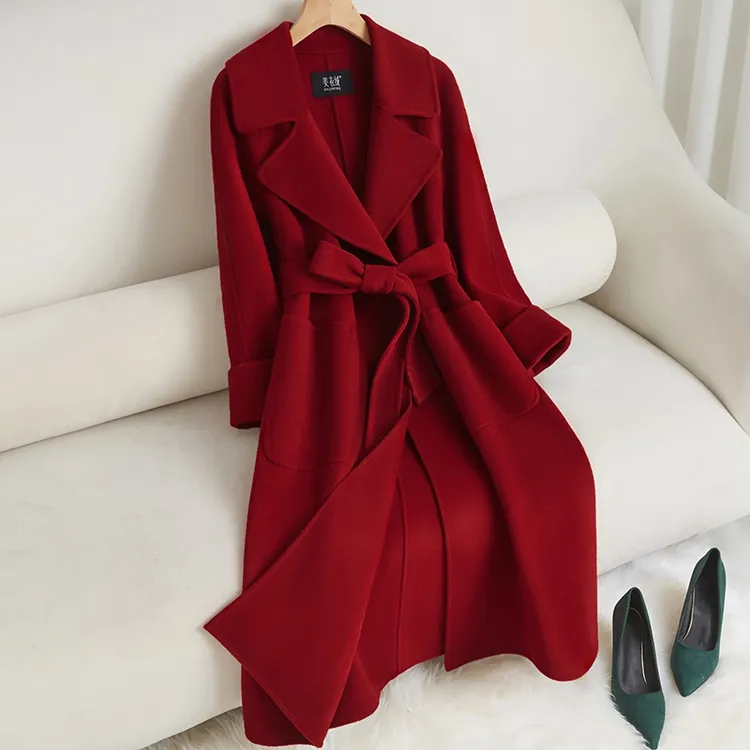 拉菲红双面羊绒大衣中长款过膝2025爆款气质时尚新娘结婚毛呢外套