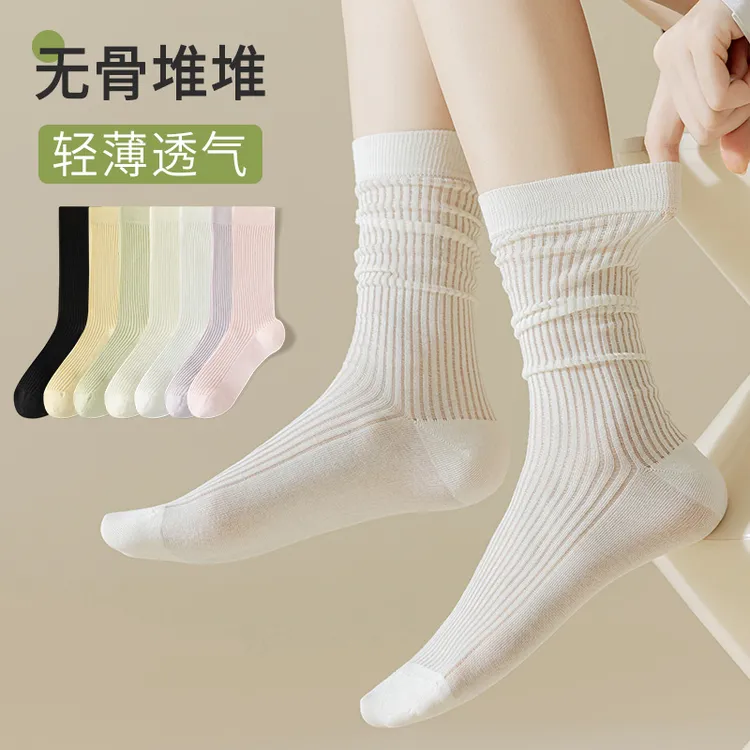 袜子女春夏薄款无骨中长筒袜网眼透气2025新款吸汗防臭白色堆堆袜