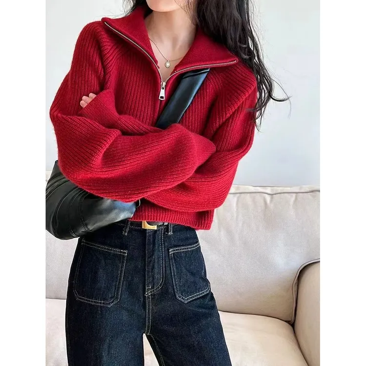 韩系拉链高领宽松美拉德风毛衣女秋冬新款洋气短款针织衫打底上衣