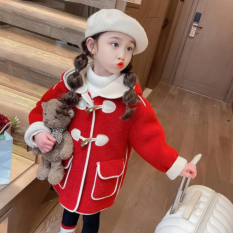 女童毛毛衣秋冬2024新款儿童冬季洋气宝宝加绒小熊中长款冬装外套