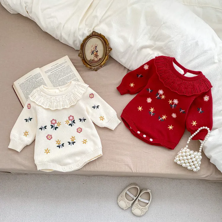 韩版洋气女宝宝秋冬装公主连体衣婴儿加绒针织衫绣花毛衣周岁礼服