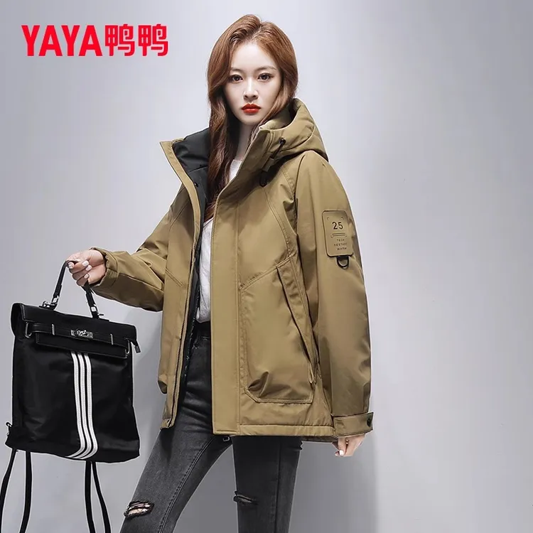 鸭鸭军绿色工装羽绒服男女同款2025冬季青少年帅气潮流外套派克服