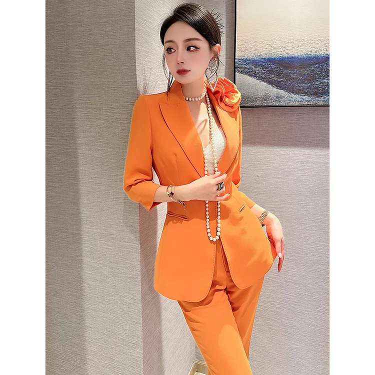 高级感夏季新款职业正装气质时尚显瘦西装套装女微喇叭裤两件套