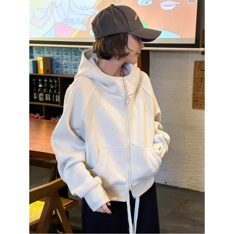 VALVOELITE白色短外套女爆款复古宽松加绒加厚拉链卫衣连帽上衣