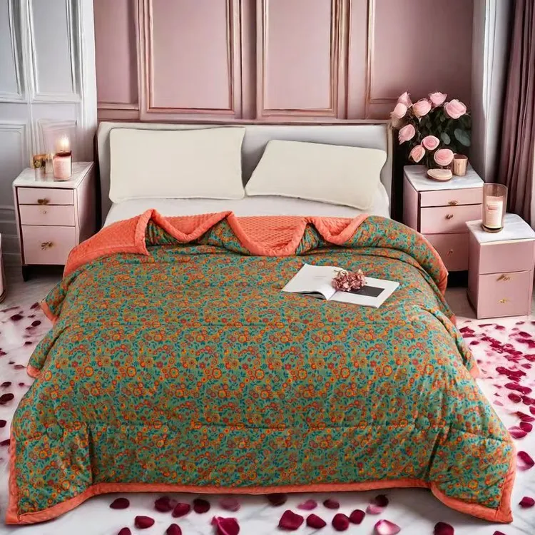 A类亲肤磨毛针织棉双层豆豆被绗缝印花学生宿舍被子商品图