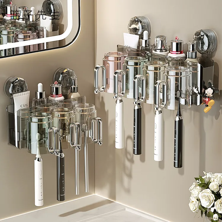 吸盘牙刷置物架免打孔倒挂带把手漱口杯卫生间一体收纳架置物架