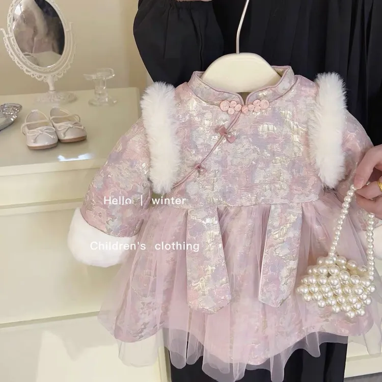 女童中国风夹棉加绒新年连衣裙儿童礼服加厚冬装公主拜年服宝宝潮