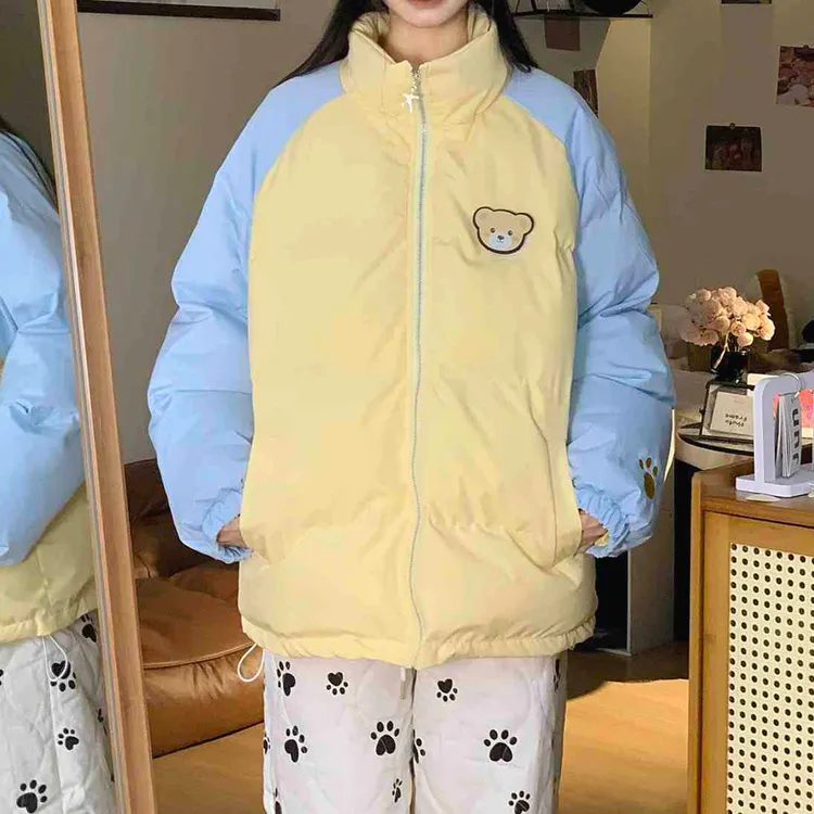 冬季新款韩版甜美可爱小熊刺绣拼色棉服撞色面包服女宽松百搭潮