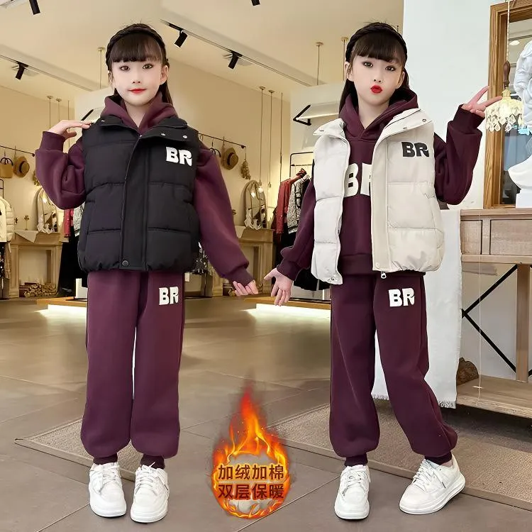 女童2025新品韩版加绒加厚保暖洋气宽松连帽BR马甲卫衣三件套装