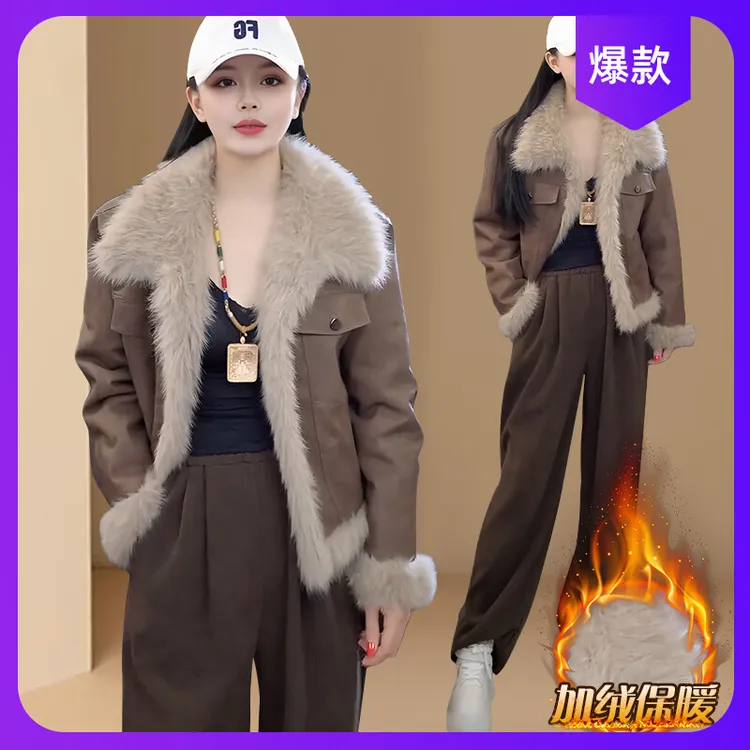 2025秋冬季新款美拉德皮毛一体外套女小个子加绒加厚短款毛毛大衣