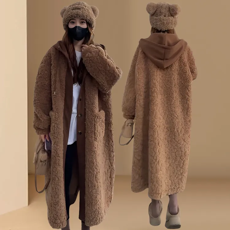 欧货假两件连帽中长款毛毛外套女秋冬小众设计感宽松显瘦保暖大衣
