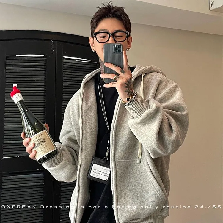 OXFREAK「呢子面料 高克重」800G加厚连帽卫衣男廓形休闲外套慵懒