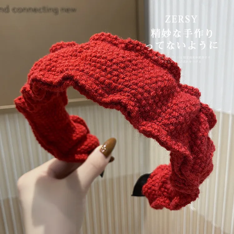 显脸小红色发箍女2025新款秋冬甜美毛线高颅顶褶皱头箍压发卡头饰