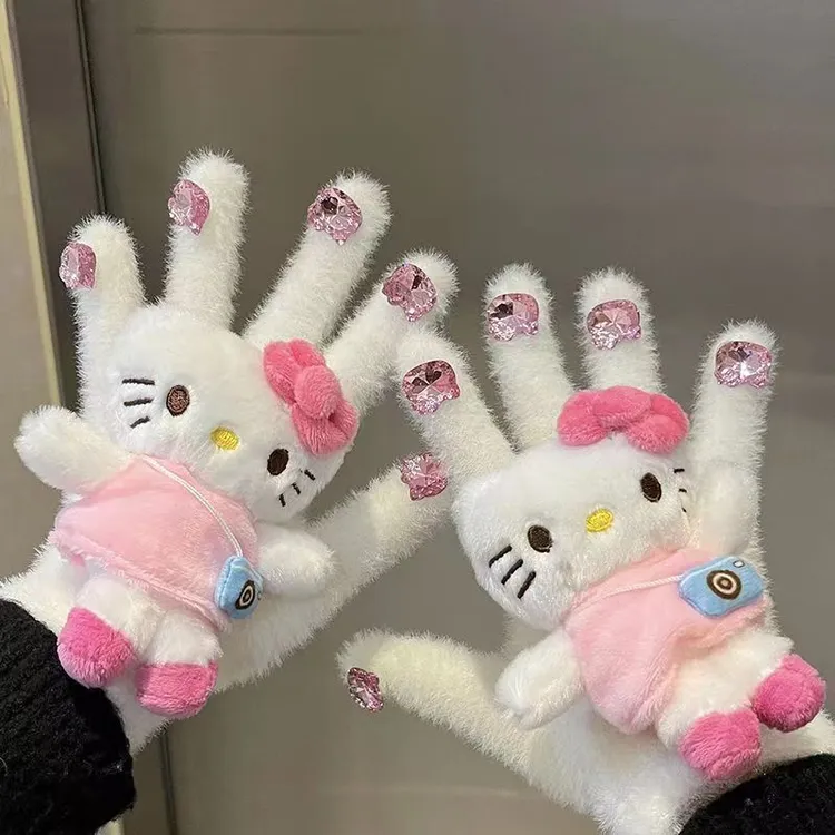 带钻原创凯蒂猫手套冬季保暖水貂毛女可爱骑行五指手套hellokitty