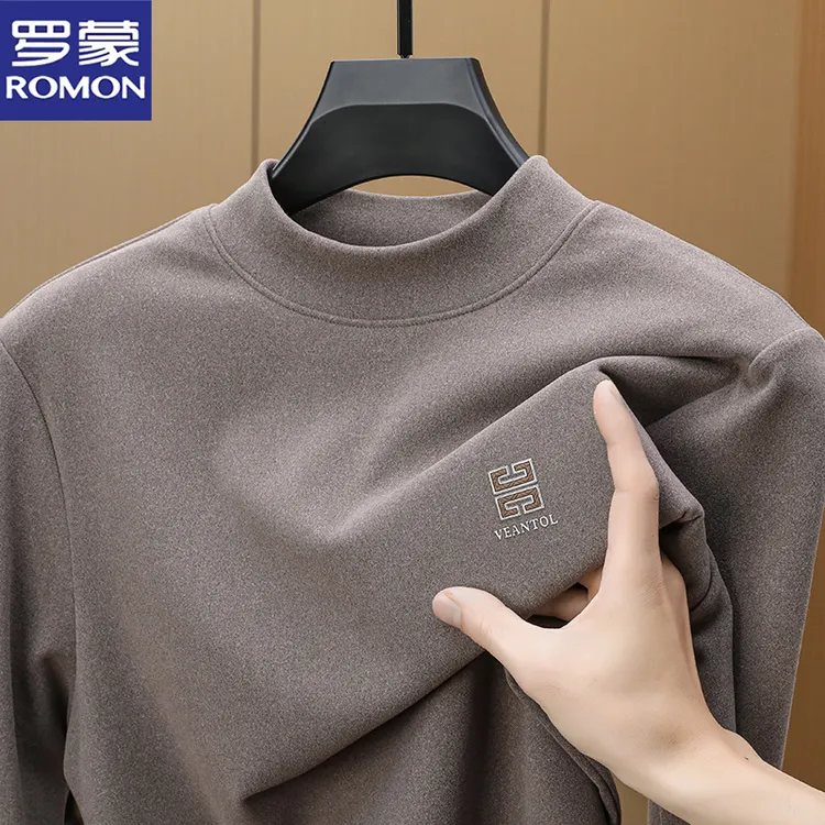 罗蒙双面德绒长袖t恤男士秋冬加厚保暖内搭打底衫纯色半高领卫衣T