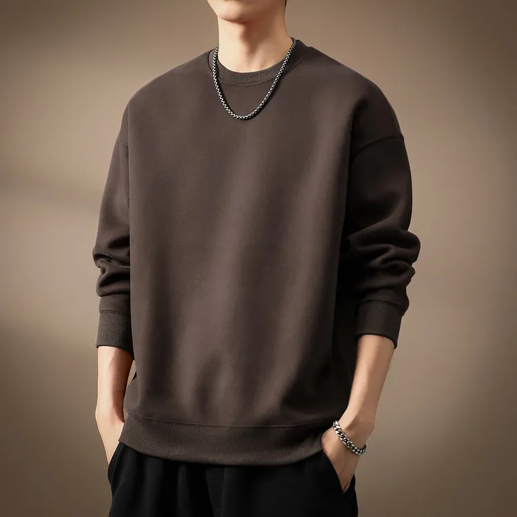高端潮牌重磅简约基础款卫衣男秋季加绒宽松圆领长袖T恤打底衫男