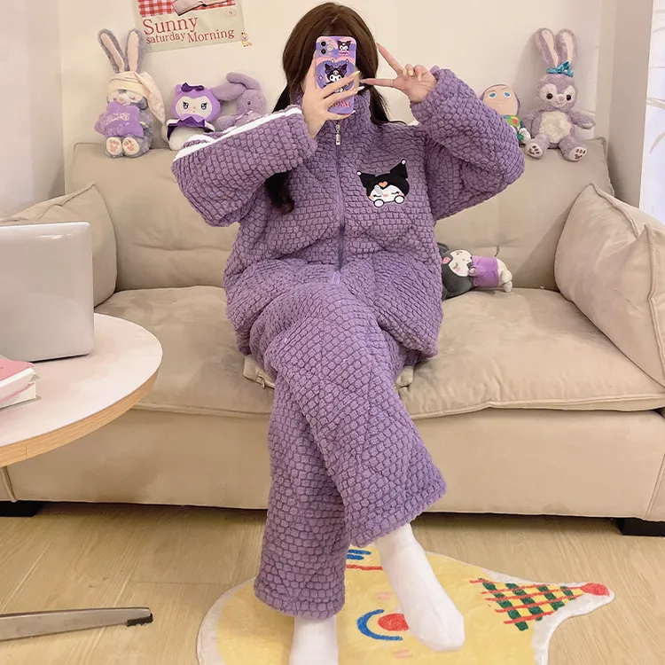 2024新款秋冬夹棉保暖睡衣女甜美卡通立领长袖套装加厚保暖家居服