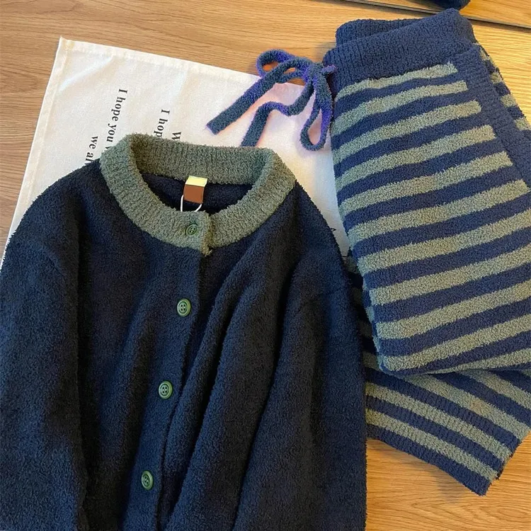 【简约高级感】条纹撞色针织半边绒睡衣女冬季新款大码家居服套装
