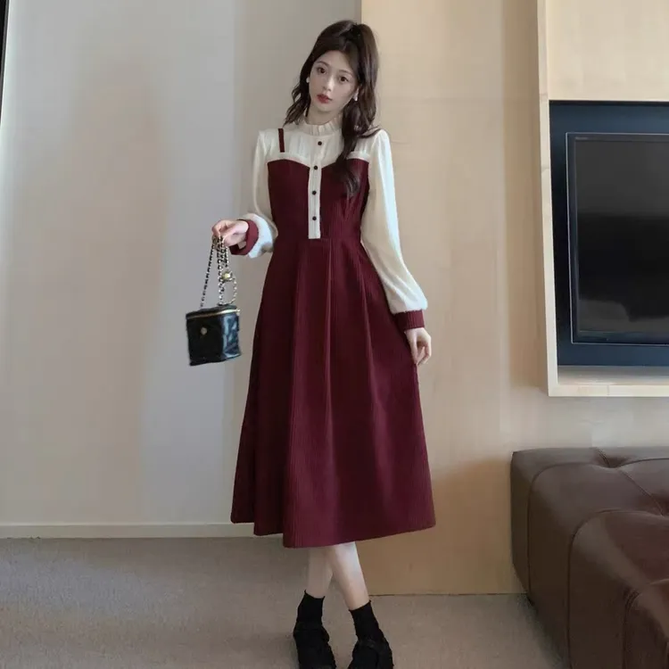 长袖拼接吊带假两件连衣裙女秋冬大码胖mm法式气质灯芯绒收腰裙子