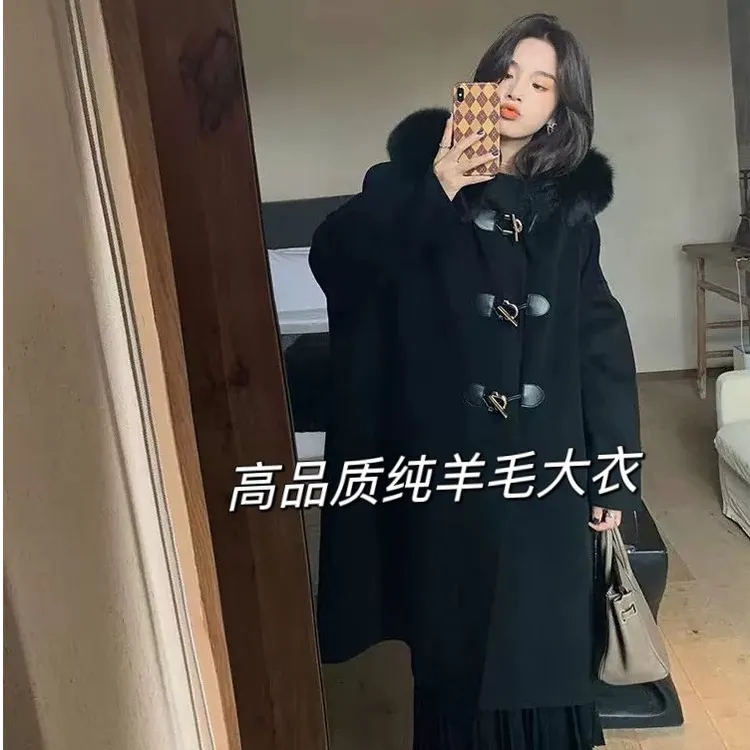 新款狐狸毛领黑金牛角扣双面羊毛外套女长款