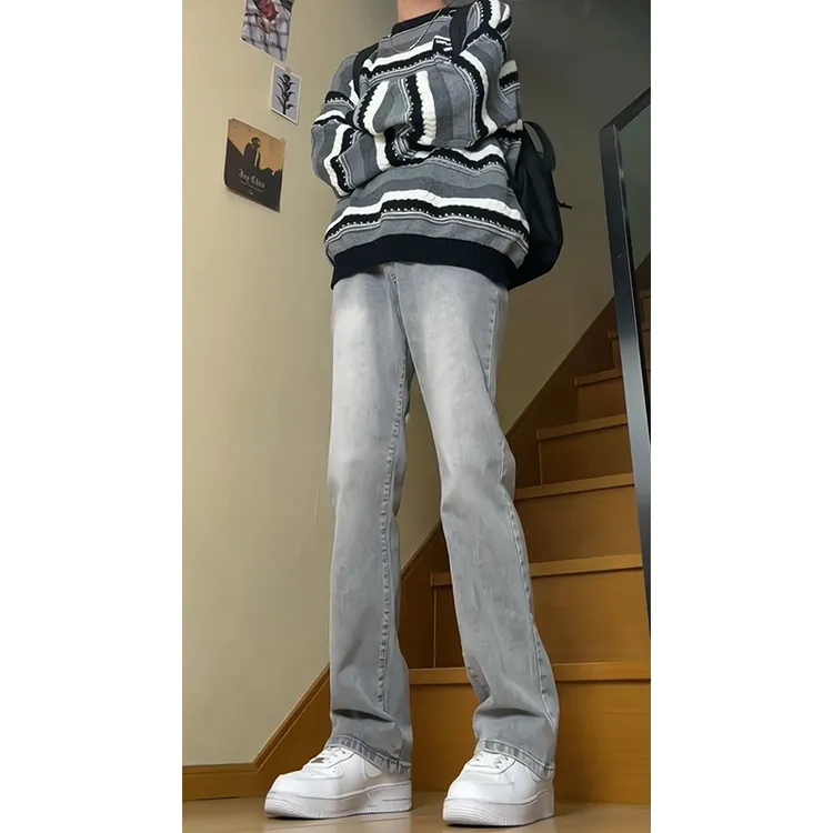 美式cleanfit牛仔裤男秋冬vibe风弯刀黑色加绒裤子显瘦直筒微喇裤