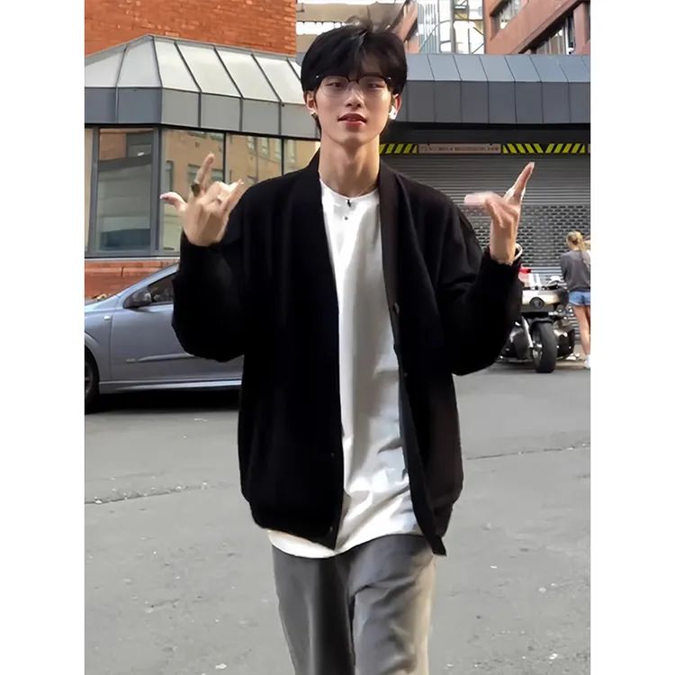 黑色开衫外套男春秋韩系慵懒风潮牌高级感V领棒球服cleanfit夹克