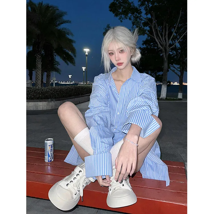 蓝色条纹衬衫外套男夏日高级感穿搭翻领防晒衬衣凉感休闲情侣上衣