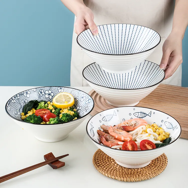 家用陶瓷8英寸斗笠面碗小鱼大碗4个装陶瓷餐具个性螺蛳粉碗釉下彩