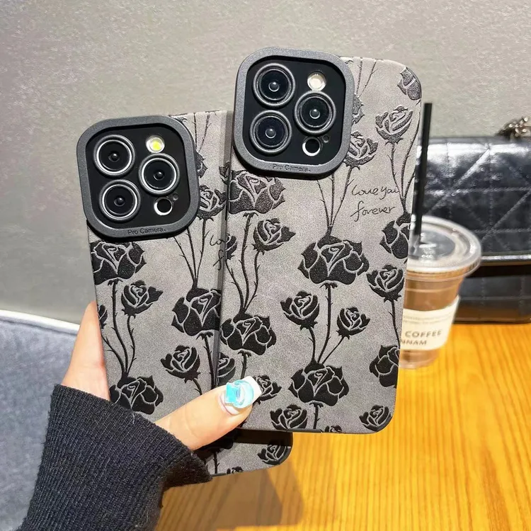 新款黑玫瑰苹果15promax手机壳iPhone14pro高级13防摔12潮牌11软