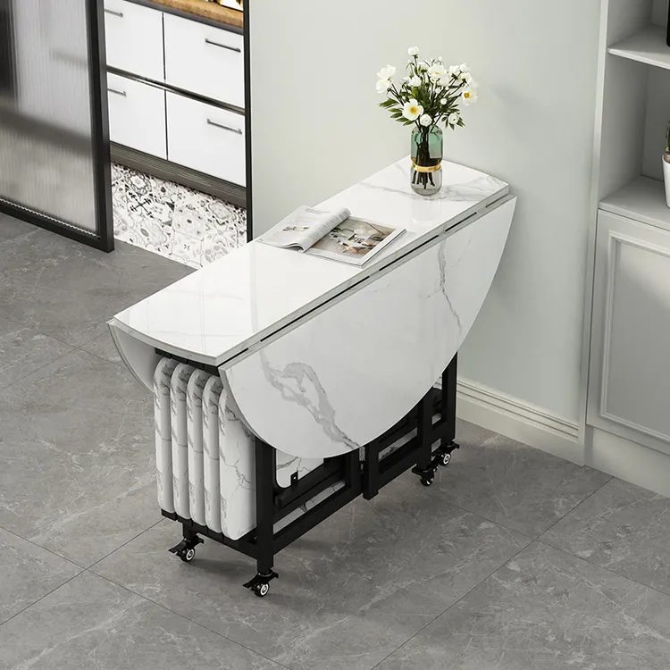 轻奢岩板折叠餐桌家用可伸缩移动客厅圆形桌椅组合小户型吃饭桌子