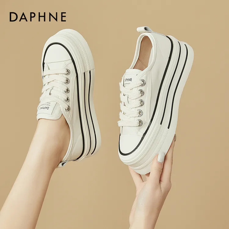 达芙妮白色松糕鞋女厚底小白鞋2025年新款休闲女鞋春秋透气帆布鞋