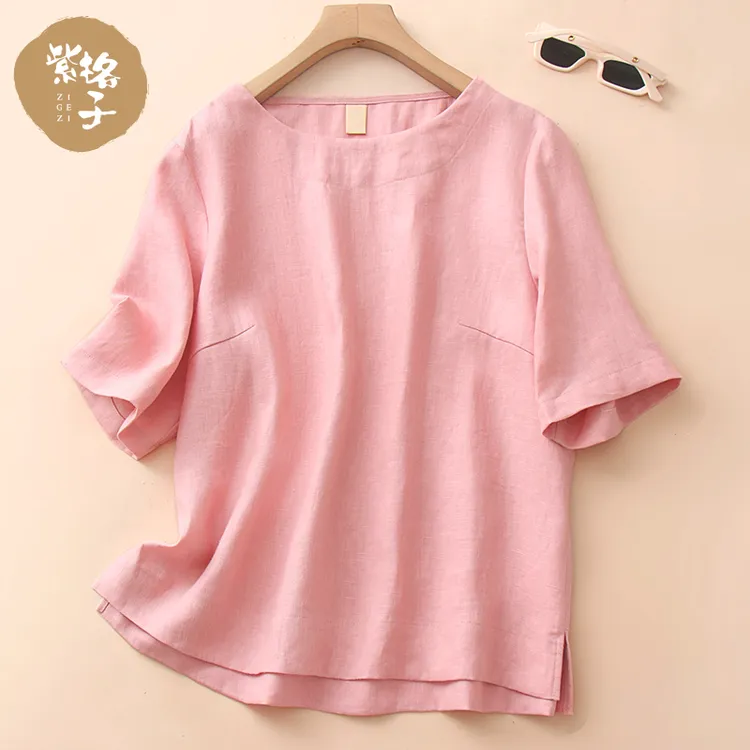夏季新款亚麻t恤休闲短袖宽松文艺纯色小衫百搭春夏女上衣