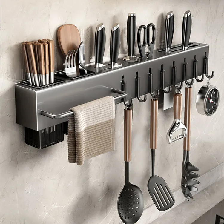 厨房置物架免打孔壁挂式刀具置物架不锈钢筷子筒多功能厨房架沥水