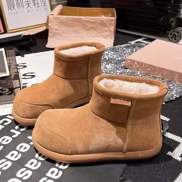 2025冬季新款磨砂百搭丑萌大头雪地靴女平底加绒保暖休闲复古棉靴