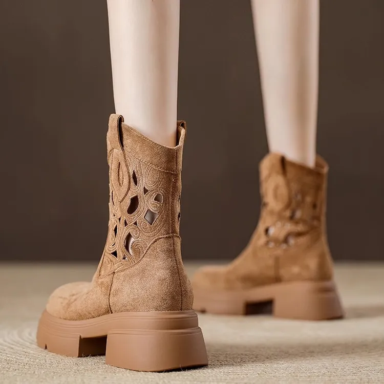 厚底复古镂空西部牛仔小短靴2025新款透气增高凉靴中筒马丁靴