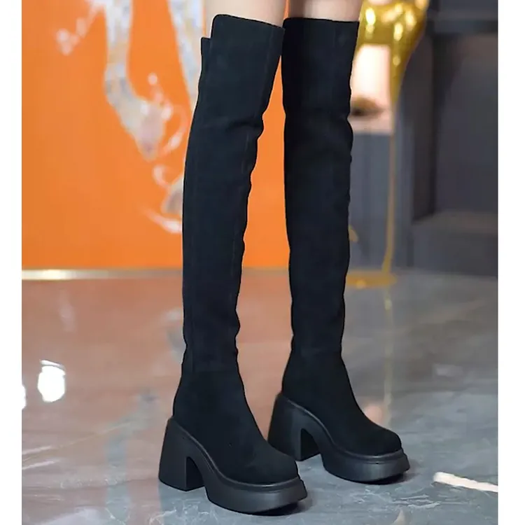 厚底过膝长靴女高筒靴2025年秋冬新款高跟圆头粗跟显瘦弹力瘦瘦靴