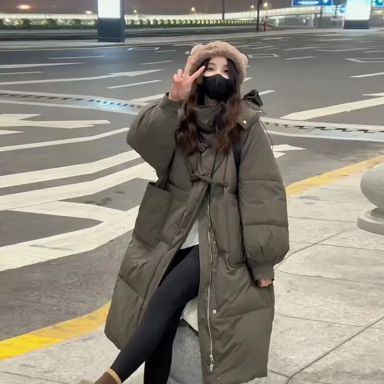 牛角扣加厚连帽棉服女2024冬季新款韩版宽松面包服长款棉衣外套