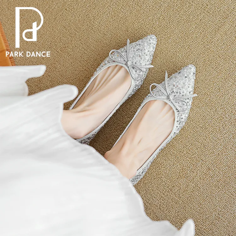 parkdanc/帕可丹丝尖头单鞋平底水钻一脚蹬仙女风浅口软底女鞋