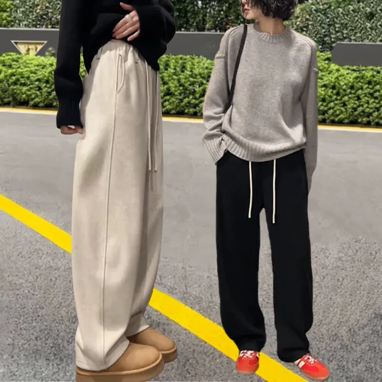 2025秋冬新款加绒裤子弯刀裤女宽松弧线休闲裤显瘦百搭阔腿裤子