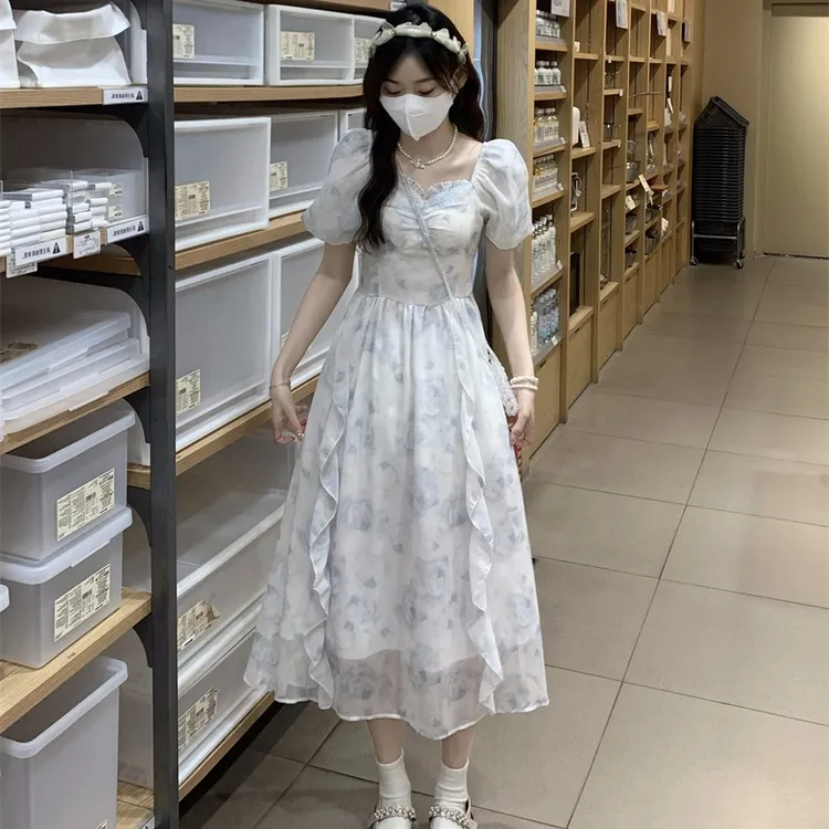 木耳边雪纺连衣裙女装夏季甜美小清新中长款泡泡袖荷叶边碎花裙子